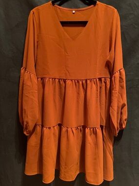 Tiered V-Neck Long Sleeve Rust Dress